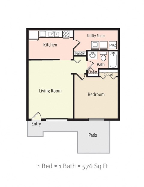 Floor plan for 1 bed, 1 bath, 576 sqft